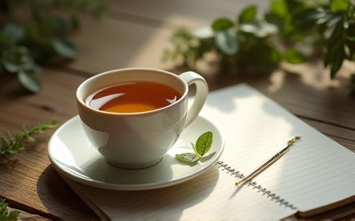 Tasse de thé et carnet de notes