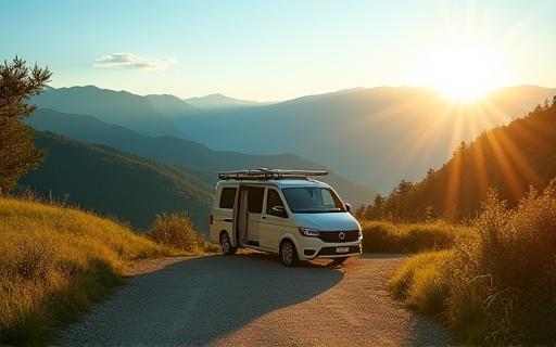 Van garé dans un paysage d’Auvergne